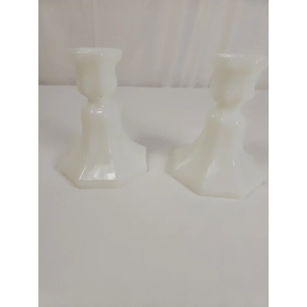 Vintage Milk Glass Candlestick Octagon Shape White Candle Holder MCM Lot of 2